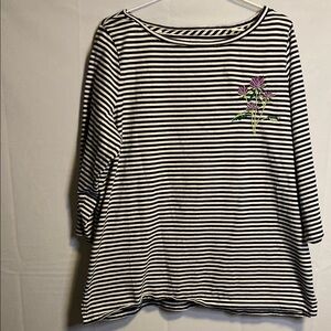 Talbots Black and White Striped Top with Purple Floral Detail